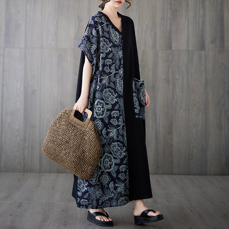 DIMANAF 2025 New Plus Size Summer Dress Women Vintage Printing Loose Casual Dress Long Linen Dress Maxi