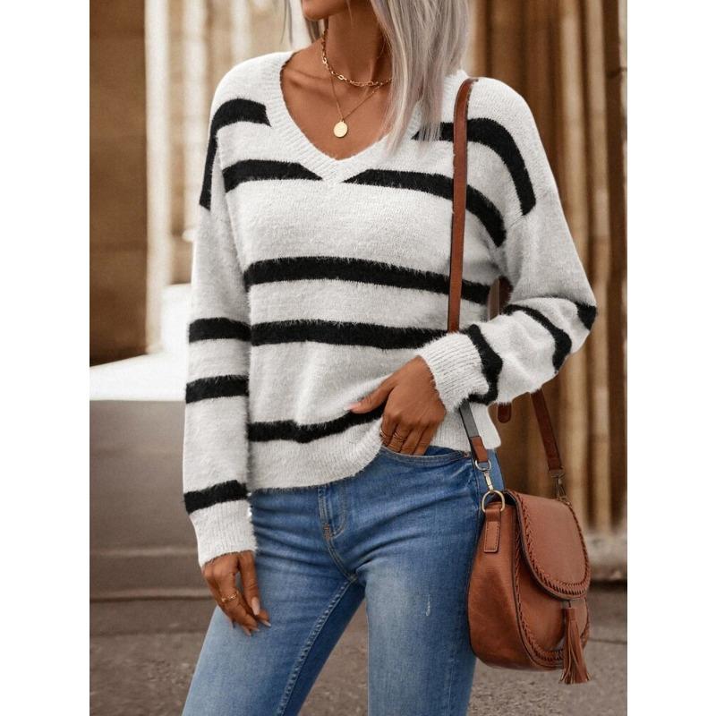 Vintage Gestreifter Farbkontrast Pullover Damen Übergröße Gestreift Locker Lässiger Stil V-Ausschnitt Pullover Strickpullover