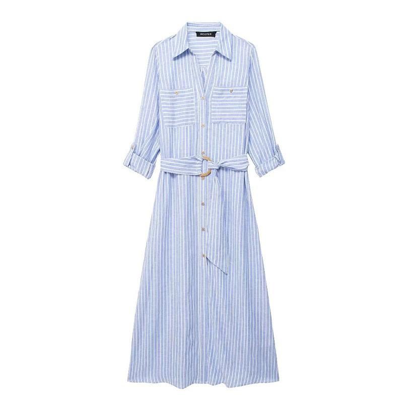 

European American Women s Clothing Fashionable Linen Blended Shirt-style Striped Dress XS світло-синій колір