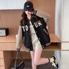 JIYUTOR Long Sleeve Stadium Thick Track Jacket with English Stylish Oversized Women's Jacket, Print, Sweatshirt, Fit, Fleece-Lined, Two-Tone Design,