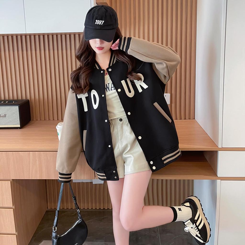 JIYUTOR Long Sleeve Stadium Thick Track Jacket with English Stylish Oversized Women's Jacket, Print, Sweatshirt, Fit, Fleece-Lined, Two-Tone Design,
