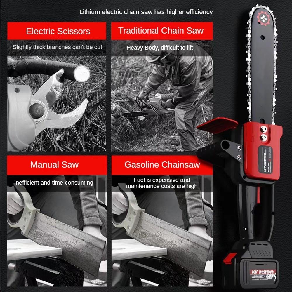 12/16 Inch Lithium Battery Household Rechargeable Small Handheld Chain Saw Outdoor Logging Electric Saw Black+Red Brushless Chainsaw