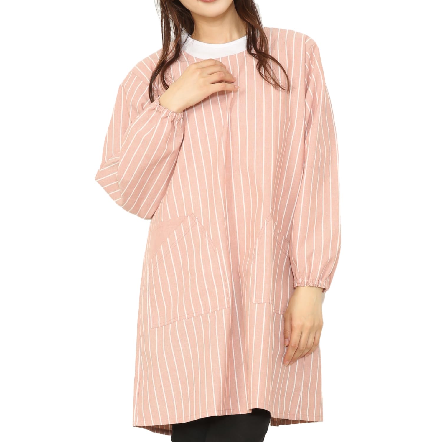 

NISHIKI Women s Apron, Cotton-Polyester Blend, Wrinkle-Resistant (ML/LL Sizes Available), with Pockets and Sleeves (Pink Stripe: L/ML/kk2207)