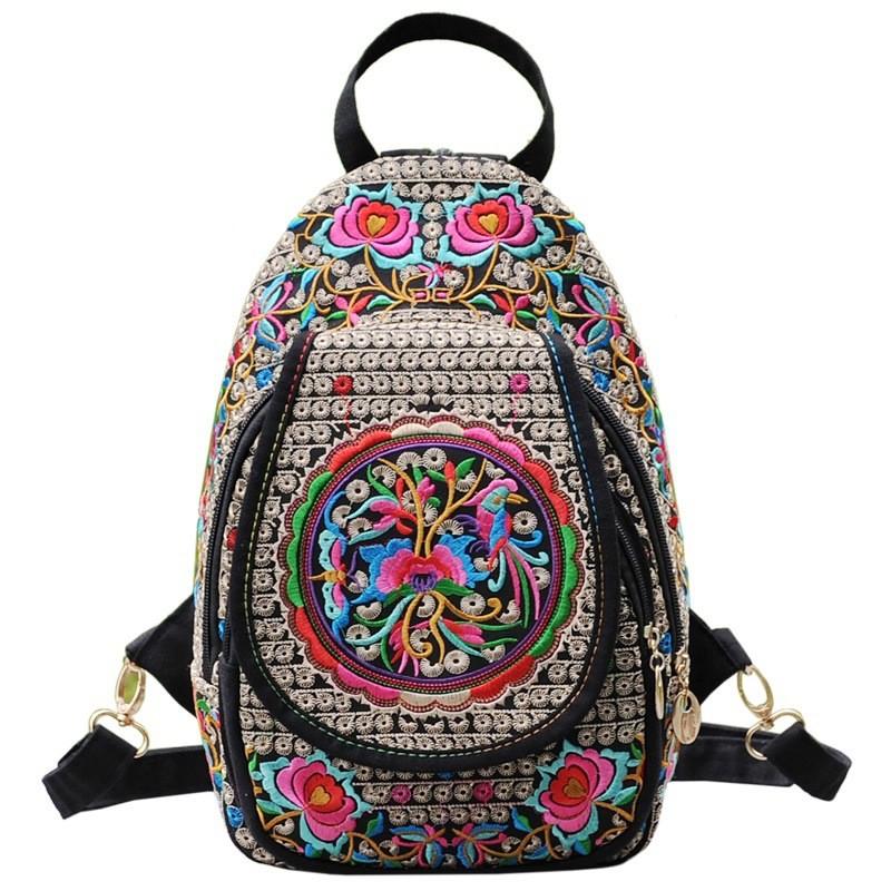 Canvas Vintage Embroidered Backpack With Floral Pattern For Casual Travel And Girls