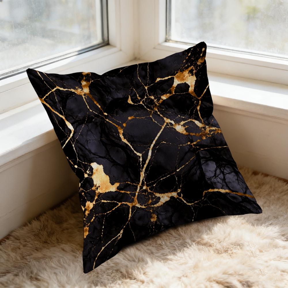 Square Throw Pillow Black Gold Marble Pattern Decorative Cushion For Living Room Bedroom Window Seat
