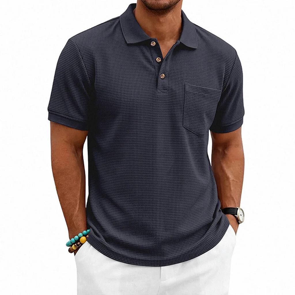 Men's Breathable Waffle Knit Polo Shirt Short Sleeve Button Placket Chest Pocket Loose Fit Summer Tops