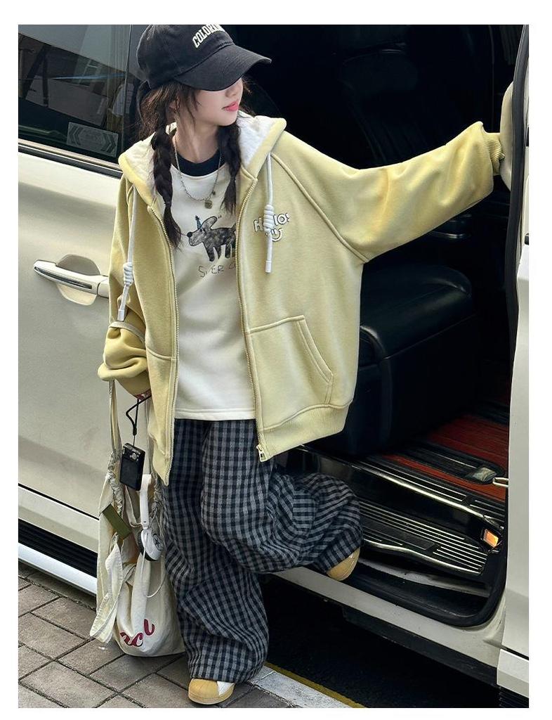 Girls' Alpaca Wool Fleece-Lined Jacket - Korean Casual Style, Hooded, Thick & Warm for Autumn/Winter
