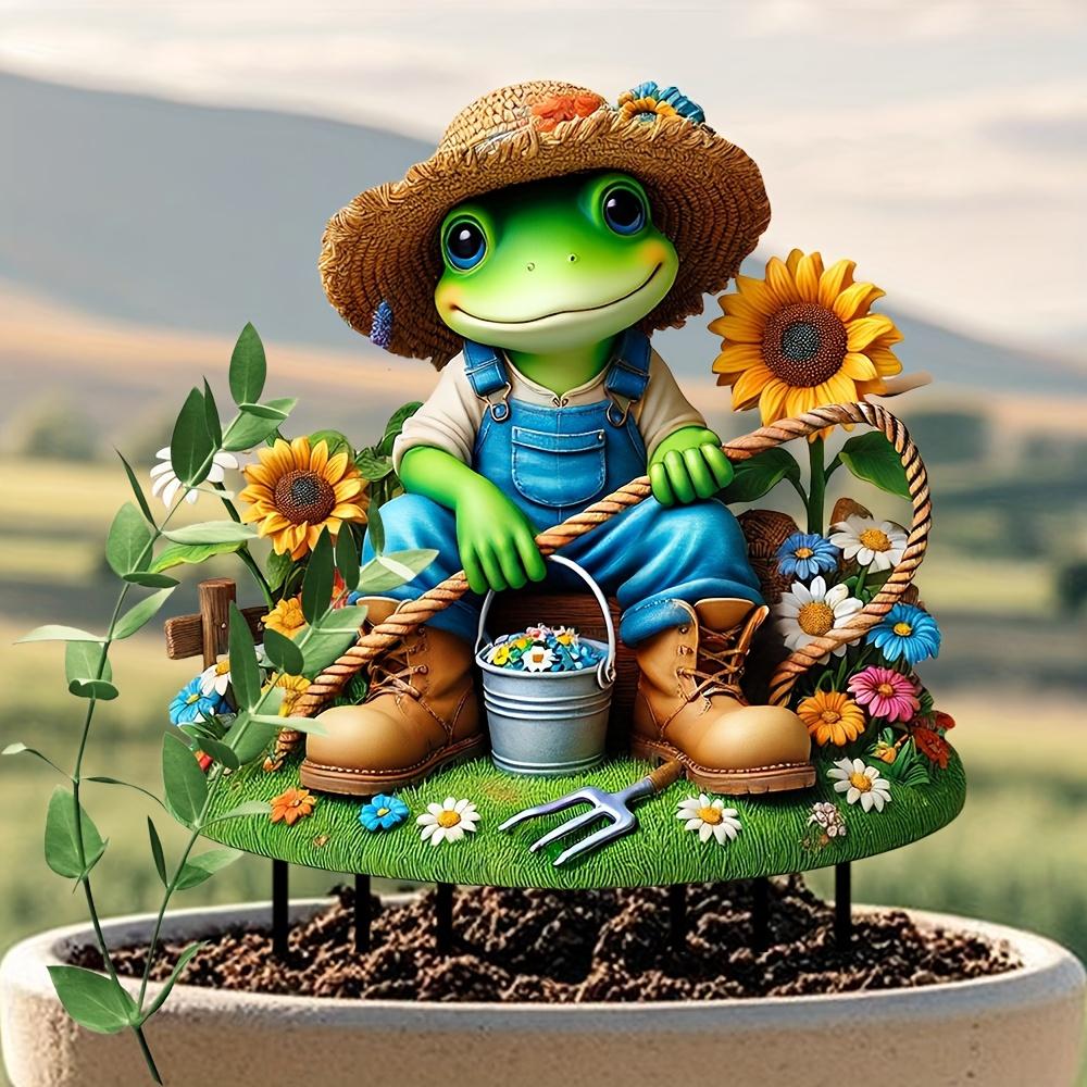 2D Flacher Frosch Gartendekoration Mit Strohhut Stiefeln Und Blumentopf, Ideal Für Rasen Hof Terrasse Garten Außenornament & Geschenk