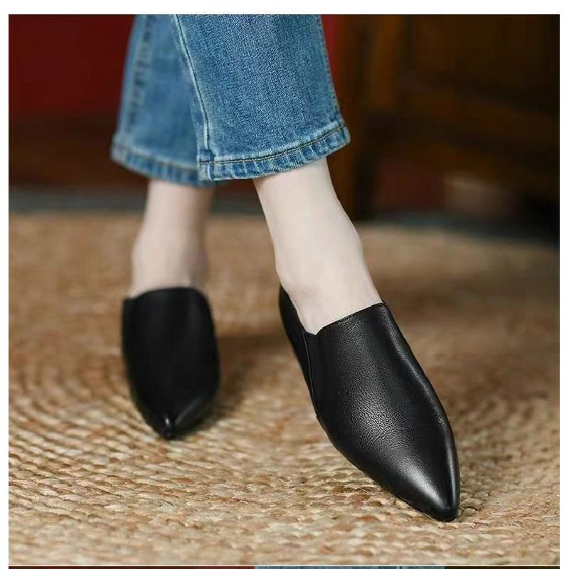 Nowe Damskie Skórzane Buty w Brytyjskim Stylu - Retro Czółenka na Grubej Pięcie ze Szpiczastym Noskiem, Niskie Buty Wizytowe na Biuro i do Codziennego Noszenia