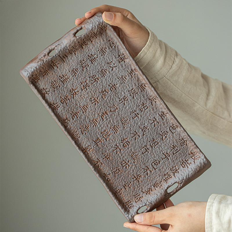 Retro coarse clay tea tray - aged rock clay ceramic tabletop dry brewing board, rectangular kung fu tea set, anti slip base