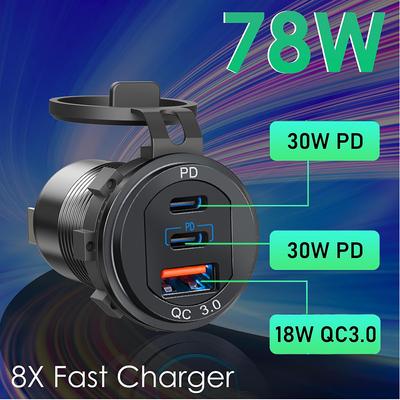 12V/24V Araç Şarj Soketi Çift USB PD & QC3.0 Type-c Portları Su Geçirmez LED'li 78W/66W Hızlı Şarj Araç Moto Adaptörü