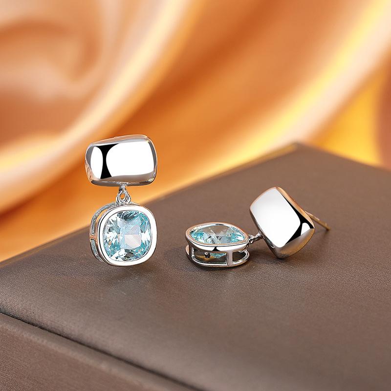 High-End Design Fresh Sea Blue Zircon Stud Earrings Women'S Daily Versatile Earrings Light Luxury Square Earrings