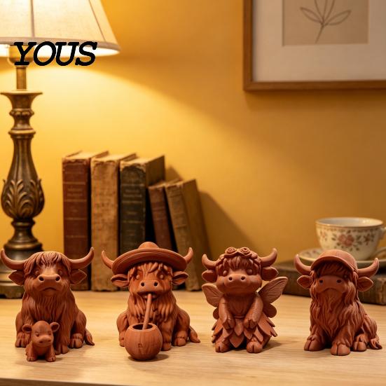 3D Printed Cow Sculpture Rustic Highland Ornament, Terracotta Color Statue, Modern Home Accessory Cute Figurine for Desk Shelf Farmhouse