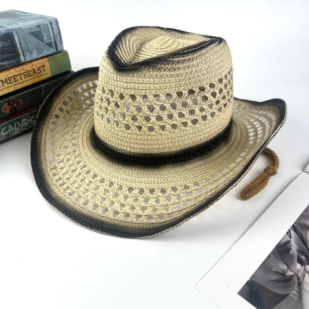 Summer new western denim straw hat European and American retro ethnic style top hat men's and women's sun protection hat sun hat
