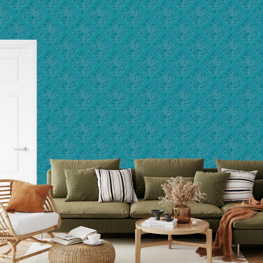 Wallpaper Turquoise Ornaments with 3D Effect for Living Room and Bedroom 50x1000