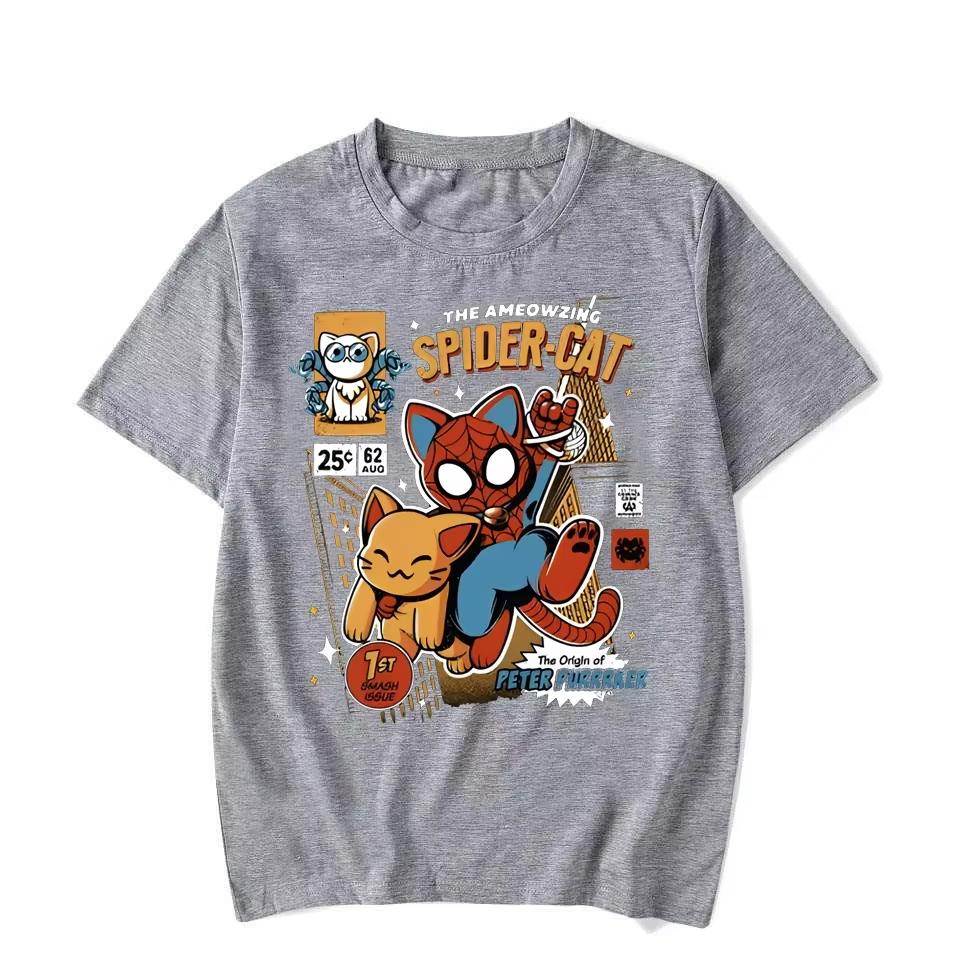 Sommer Neues Cartoon Spinne Katze Lustiger Druck Anime T-Shirt für Unisex Kurzarm O-Ausschnitt Baumwoll-Tees Lässig Locker Übergroße Oberteile