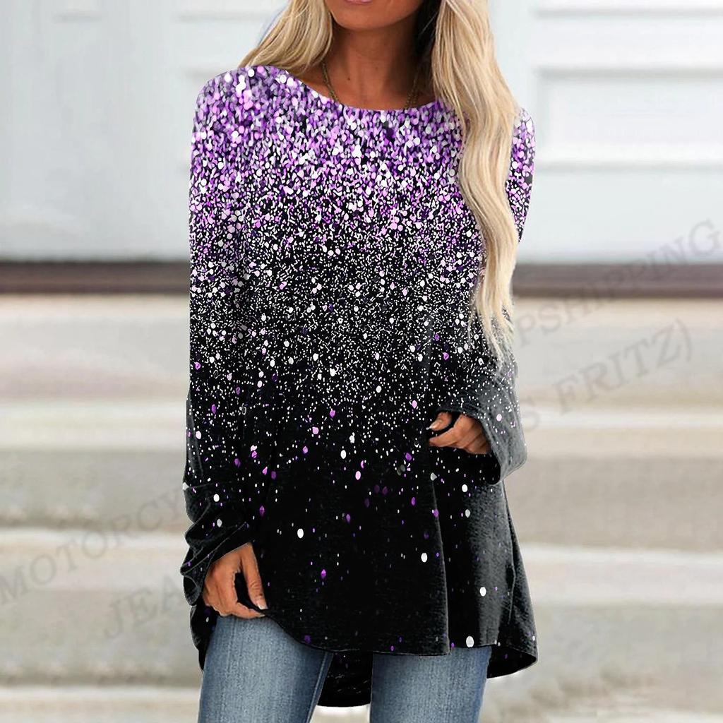 Trička se zlatým potiskem Ženy Móda Trička s dlouhým rukávem Volné Topy Trička s výstřihem Košile s výstřihem Luxusní oversized trička Lady