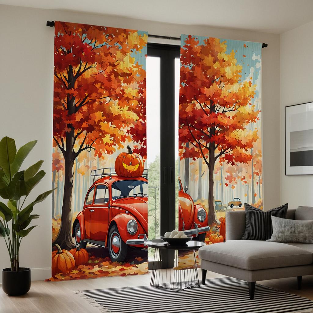 2 pieces of HD maple leaf under the pumpkin classic car curtain Yellow tie digital printed curtain home decoration style decorat