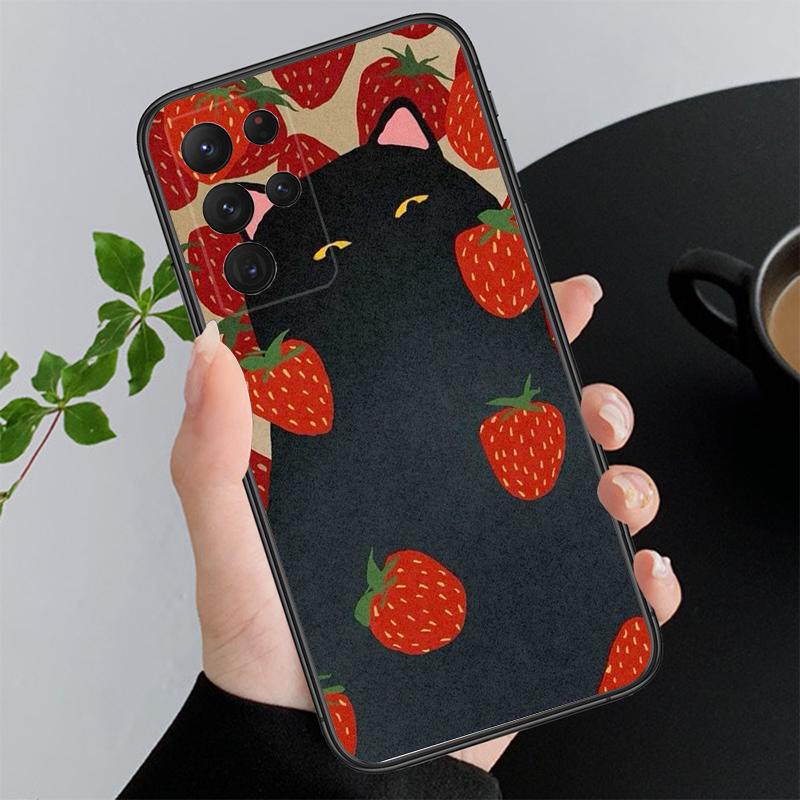 Phone Case For Samsung A17 A55 A16 A56 A35 A15 A53 A54 A33 A34 A25 A05S A52 A52S A07 A26 A06 Strawberry Cat Cartoon