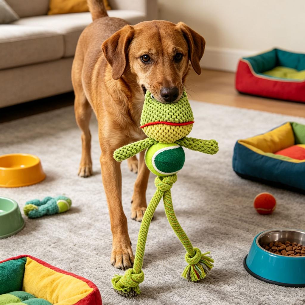 Puppy Teething Toy Green Frog Squeaky Plush Puppy Teeth Chewing Toy with Rope for Home 1PC