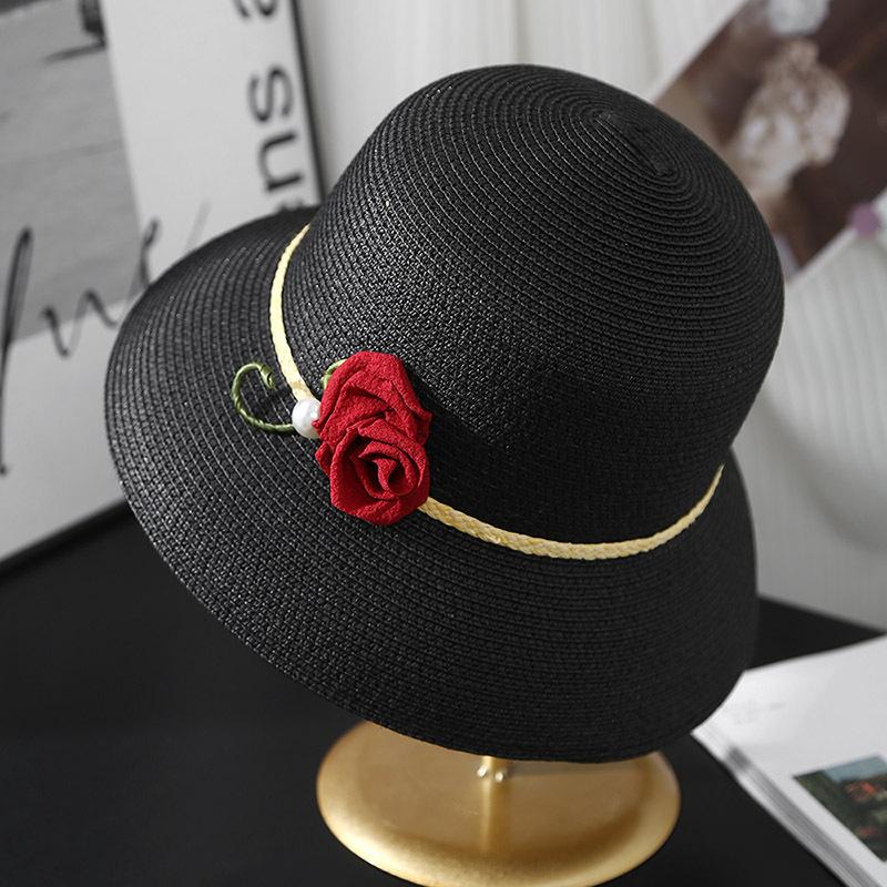 

Elegant Temperament, Rose grass Woven Sun Hat, Fisherman s Hat, Children s 2025 Spring New Wide Brimmed Face Covering Hat Adult 56-58cm чорний