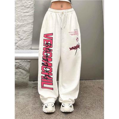 Y2K Streetwear White Track Pants Dámské Harajuku Hippie tepláky Oversize Potištěné Joggers Kalhoty