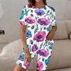 Women Plus Size Floral Printed Round Neck Short Sleeve Longline Top Fitted Shorts Two Piece Loungewear Set