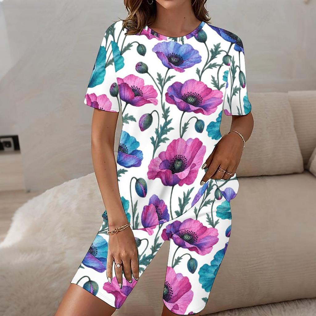 Women Plus Size Floral Printed Round Neck Short Sleeve Longline Top Fitted Shorts Two Piece Loungewear Set