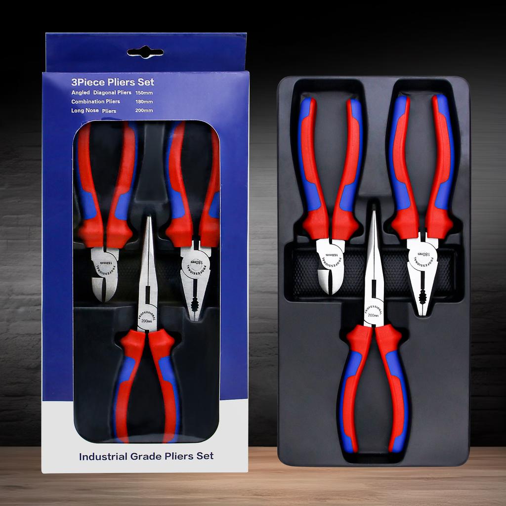 3PCS Plier Set,Including 8"Needle Nose Pliers, 8"Linesman Pliers and 7"Diagonal Cutting Pliers, Bi-material Handle