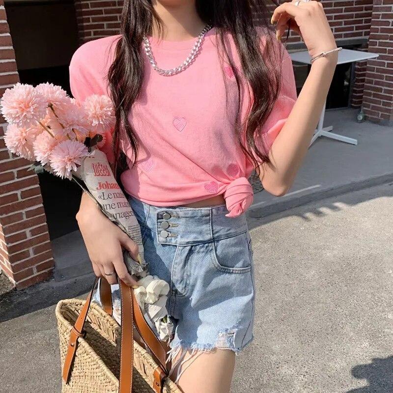 2024 Summer Harajuku T-shirts Love Embroidery Sweet Women Casual T-Shirt Korean Short Sleeve Loose T Shirt Female White Tops Y2k Streetwear