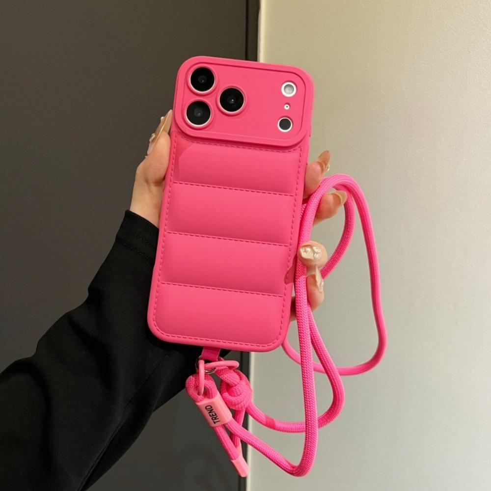 Fashion Down Jacket Lanyard Crossbody Case for iPhone 17 16 15 Pro Max 14 Plus 13 12 11 Air X Xr Xs Long Strap Solid Color Cover