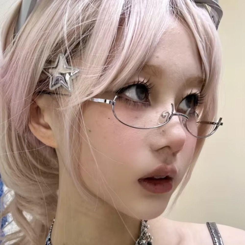 Without Lens Y2K Half Frame Glasses Metal Vintage Fashion Decoration Glasses Chic Harajuku Photography Fake Glasses Girls