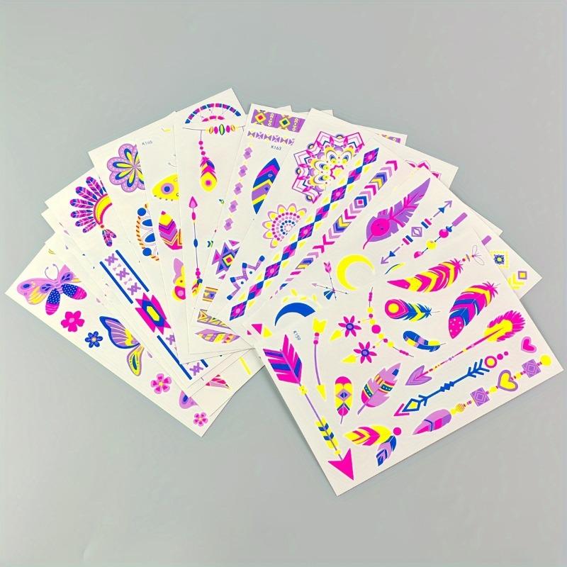 12PCS NeonGlwo Temporary Tattoo - Luminous Body Art Sticker with Neon Green, Pink, Blue, Purple, Yellow, Orange, Red - Waterproof