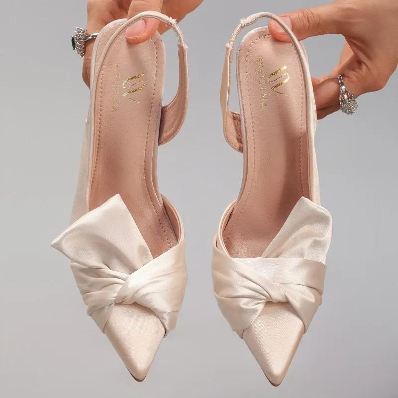 Satin Elegante Spitze Pumps Damen Sandalen Plissierte Mode Hochzeit Party Kleider Schuhe Weiblich Flach Hohe Absätze Damen