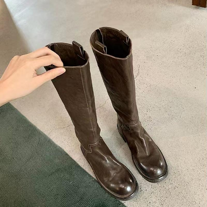 

Осень и зима новые ретро вымытая лошадиная кожа высокий голенище тонкие средней длины сапоги на толстом каблуке толстой подошве рыцарские сапоги женские 40