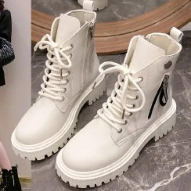 Fashion 2024 High Quality Shoes Female Side Zipper Women's Boots Fashion Cross Lacing Modern Boots Women New Round Toe Mid-Calf Boots