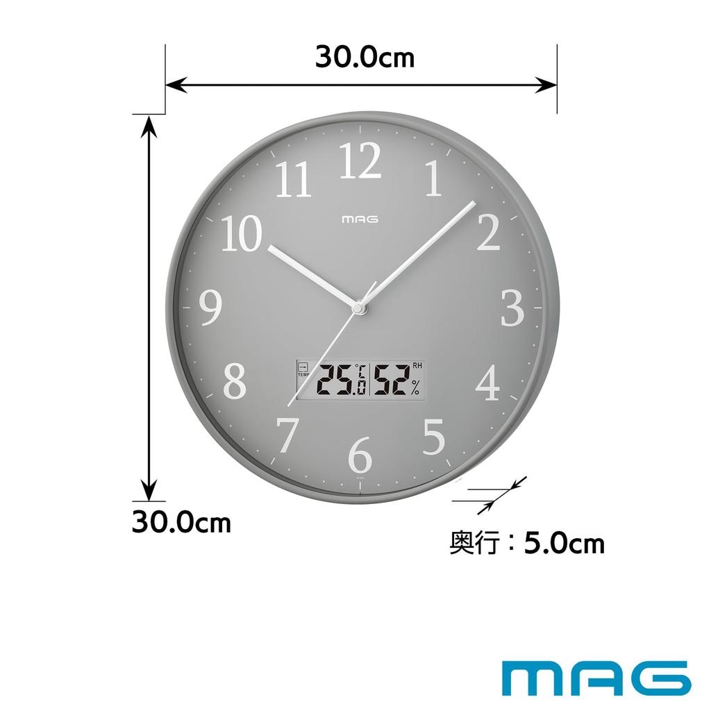 MAG Wall with Thermometer and Interior Nighttime Stop Second Noah Precision Clock, Analog, Radio-Controlled, Hygrometer, Stylish, Cute, Simple,