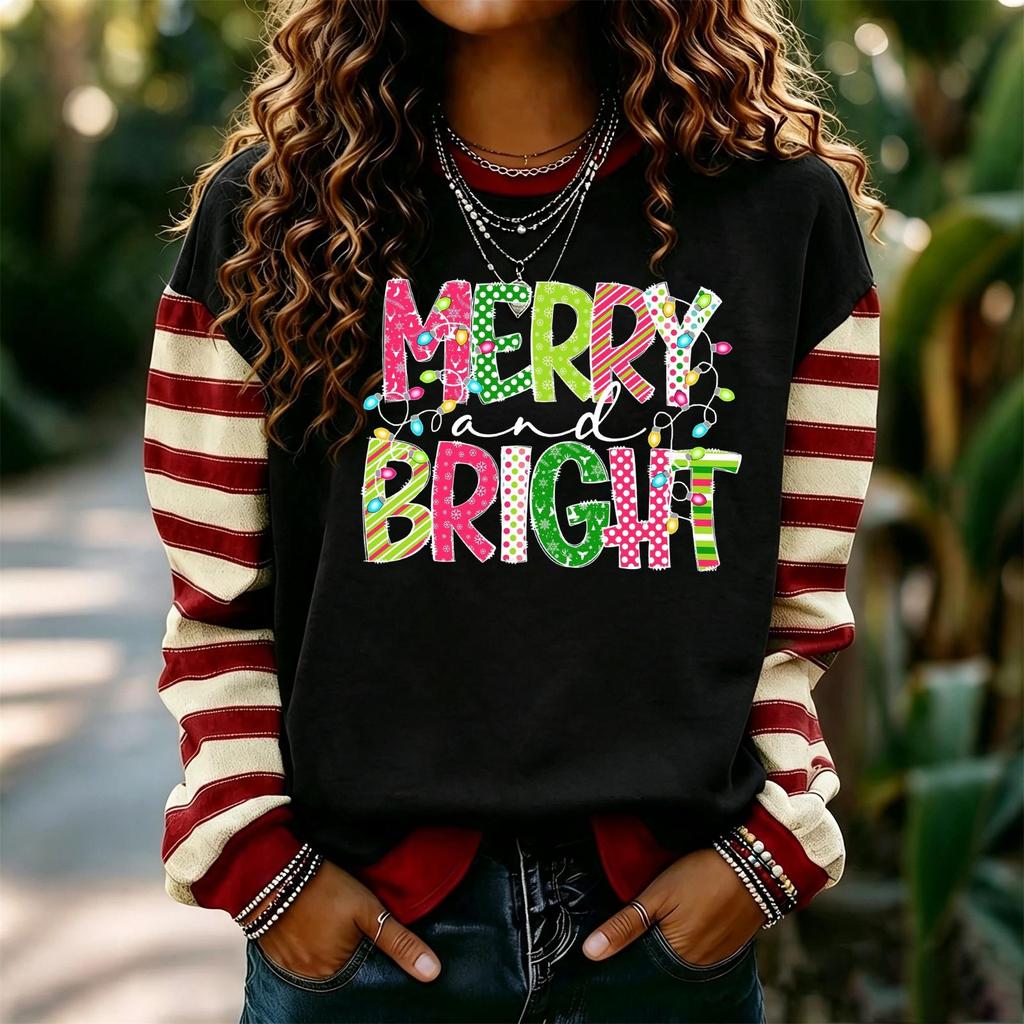 Sudadera de punto para mujer con estampado navideño, manga larga, cuello redondo