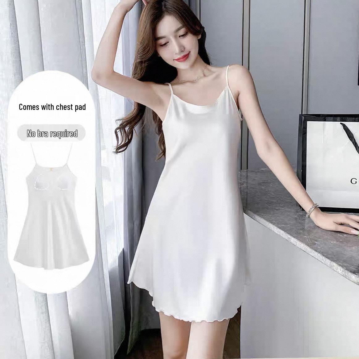 

Женская майка-комбинация из ледяного шелка с нагрудными вкладышами - Летняя ночная сорочка 2024, Тонкий шелк тенсель для дома M (70-90 jin)