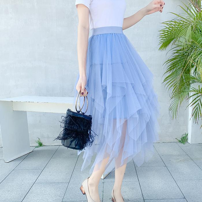 Women Spring Fall High Waist All Match Multi-Layer Color Matching Mesh A Line Skirt