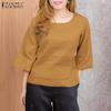 ZANZEA Damen Freizeit Rundhals Locker 3/4 Ärmel Baumwollbluse