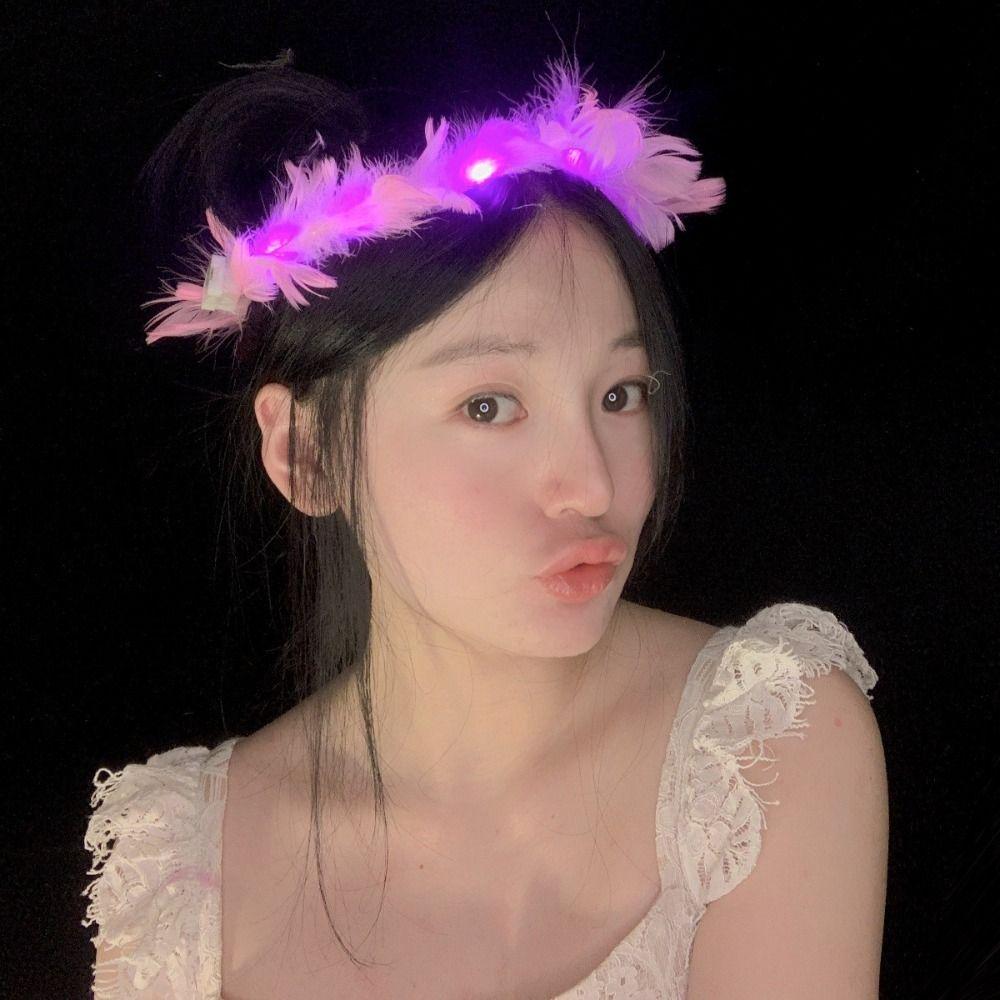 Christmas White Feather Luminous Garland New Year Women Hairband LED Feather Headband Party