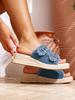 2026 Summer Women's Denim Mid-Heel Wedge Slippers with Thick Sole and Straw Weaving