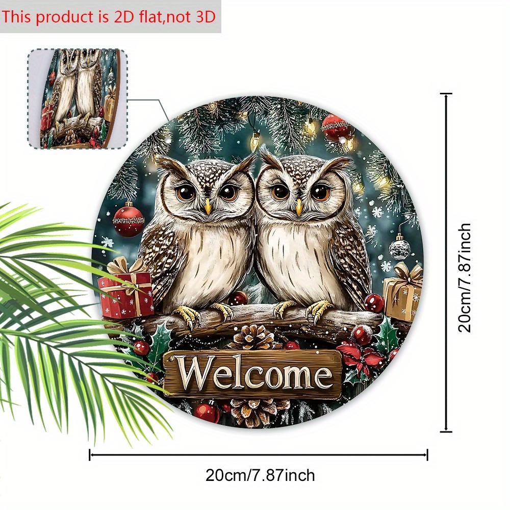 Wooden Christmas Sign with Adorable Couple Owl Pattern, Warm Winter Welcome Round Sign for Front Door Wall Hanging Decor, Ideal Christmas Ornament