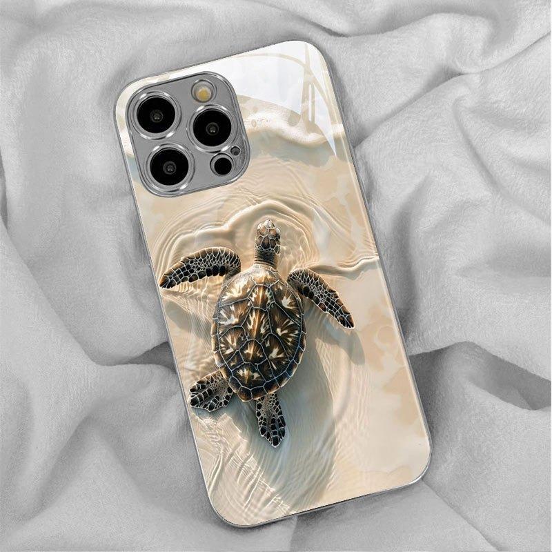 Beach Turtle Pattern Tempered Glass Phone Case For iPhone 17 16 15 14 13 12 11 Pro Max 14 Plus 17 Air Electroplate Silver Cover