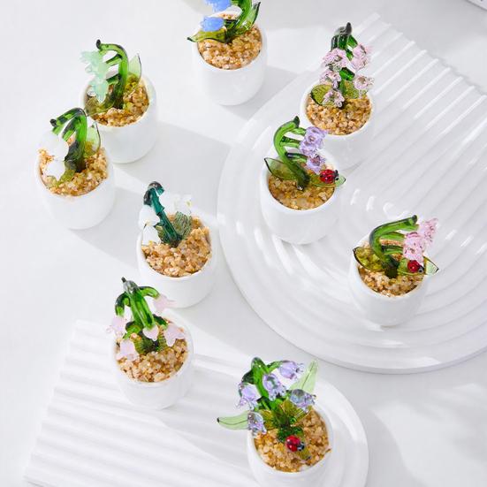 Hand Blown Mini Glass Flower Figurine Faux Crystal Small Lily of The Valley Flower with Pot for Wedding Mother's Day Office Home Table Centerpiece