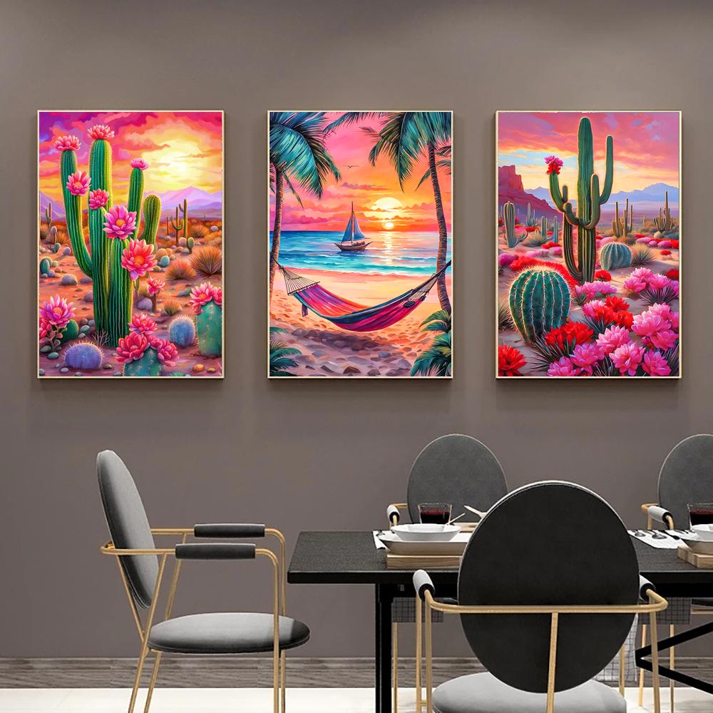 Cactus Sailboat Sunset 5D DIY Diamond Painting Kit Landscape Full Diamond Mosaic Cross Stitch Kit Room Decoration Gift