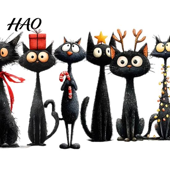 Retro Hand Painted Wall Stickers Christmas Black Cat Stickers, Self Adhesive Decals, Removable PVC Cute Holiday Theme Decals Art Decor for Bedroom