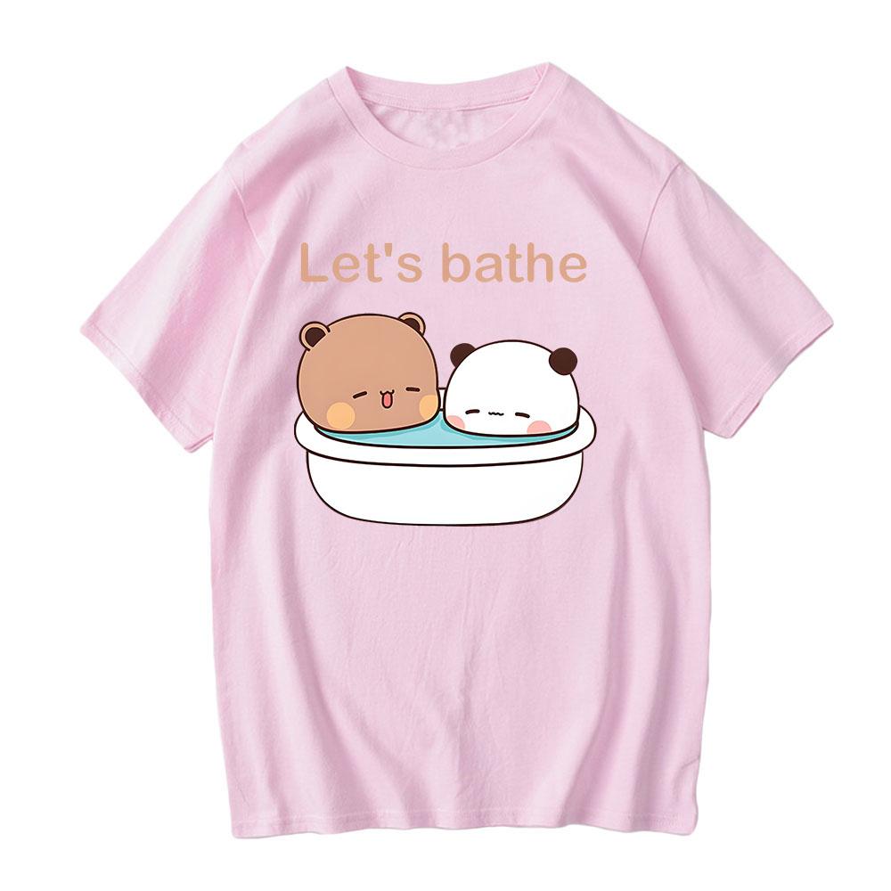 Kawaii Bear Panda Bubu And Dudu T Shirts Let's Bathe Cartoon Print Tee-shirt 100% Cotton Tshirt Short Sleeve Tees O-Neck Cute Tees  Anime Casual