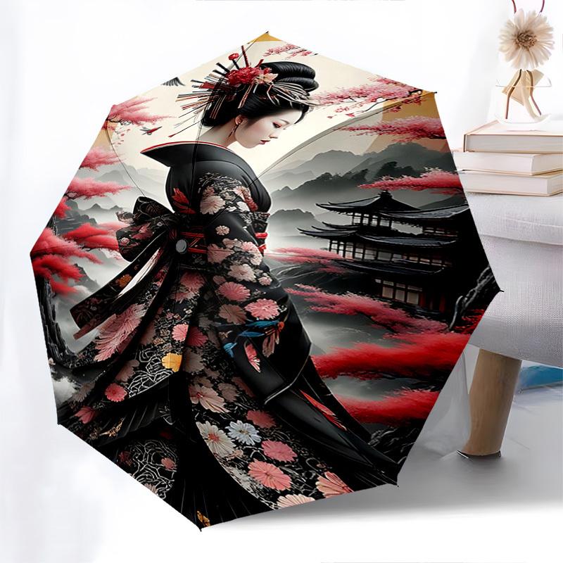 Geisha. Cherry Blossom Themed Automatic Opening and Closing Umbrella, Brightly Colored 8 rib Portable Umbrella, Suitable for Men and Women,